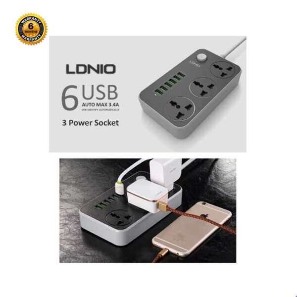 LDNIO Power Cord Extension With 3 Ac Sockets 6 USB Ports‎